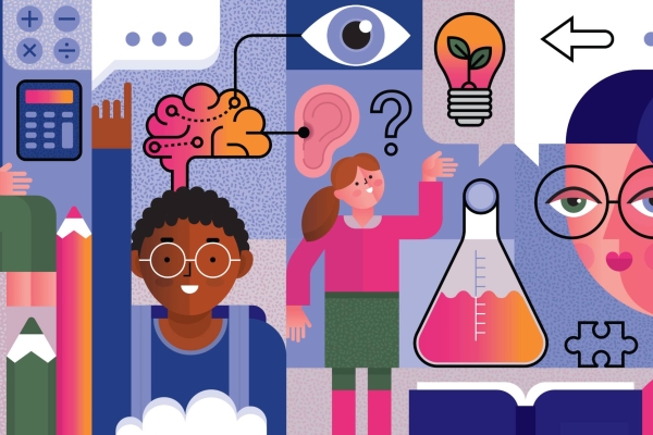 A vibrant flat vector illustration featuring three people surrounded by scientific, mathematical and learning equipment include test bottles, calculators and a lightbulb