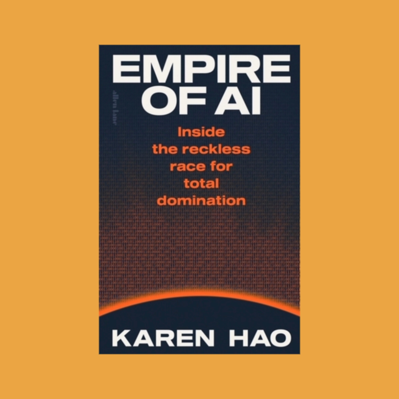 On an orange background a mostly black book cover with the title and author's name written in text. An orange crescent represents the sun rising.