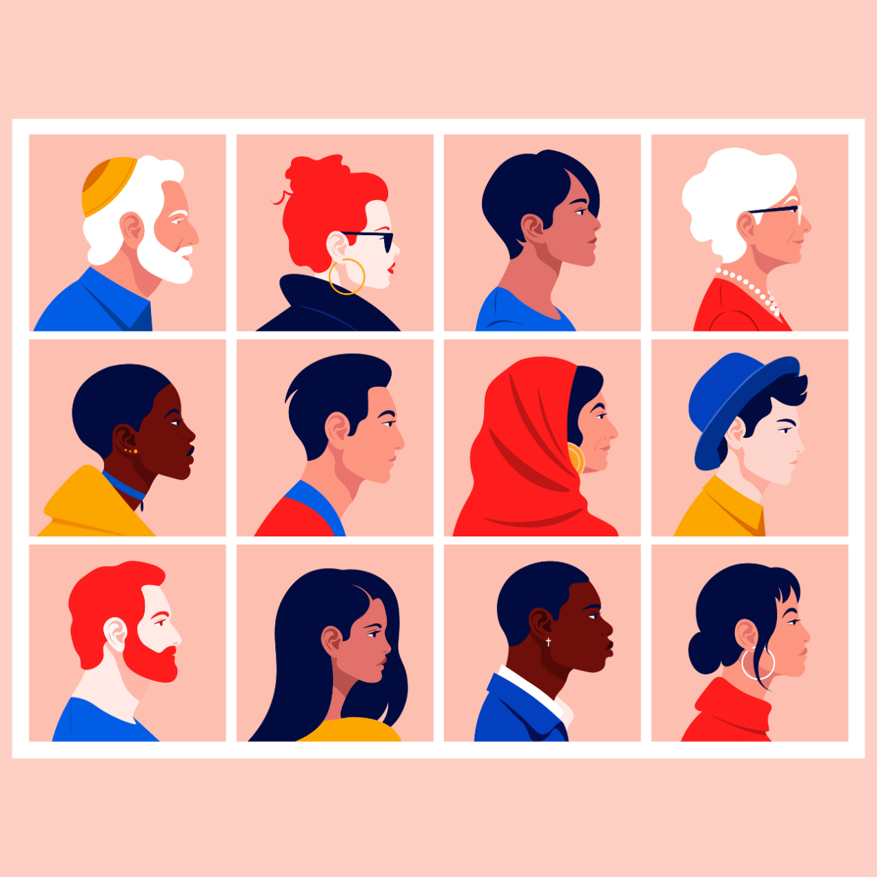 An illustration of a grid of 12 side profile heads of people of different gender, age, race, ethnicities, religions and culture dress. The background is pink.