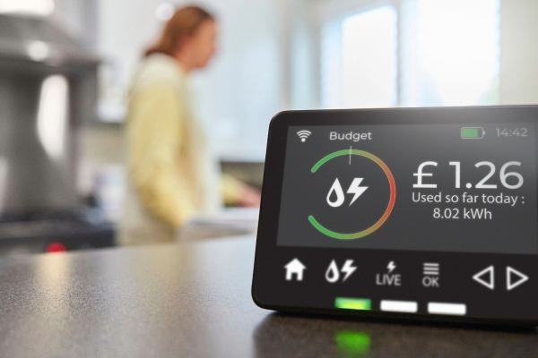 A close up image of a smart meter device showing energy consumption for the day. In the background is a blurred image of a woman in a kitchen