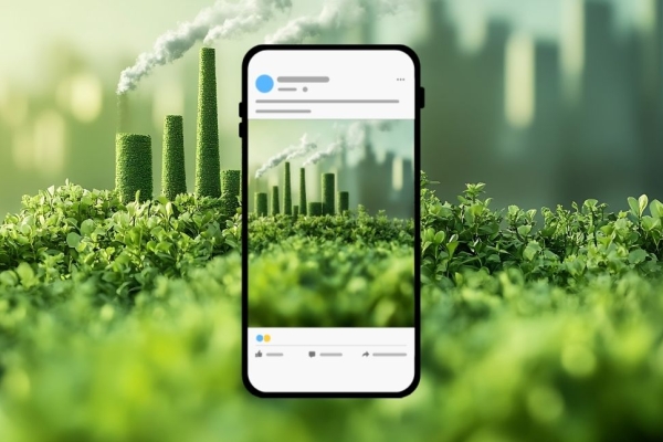 A rendered image of power station-shaped topiary. The same image is repeated on a mobile phone social media screen in the centre of the image.