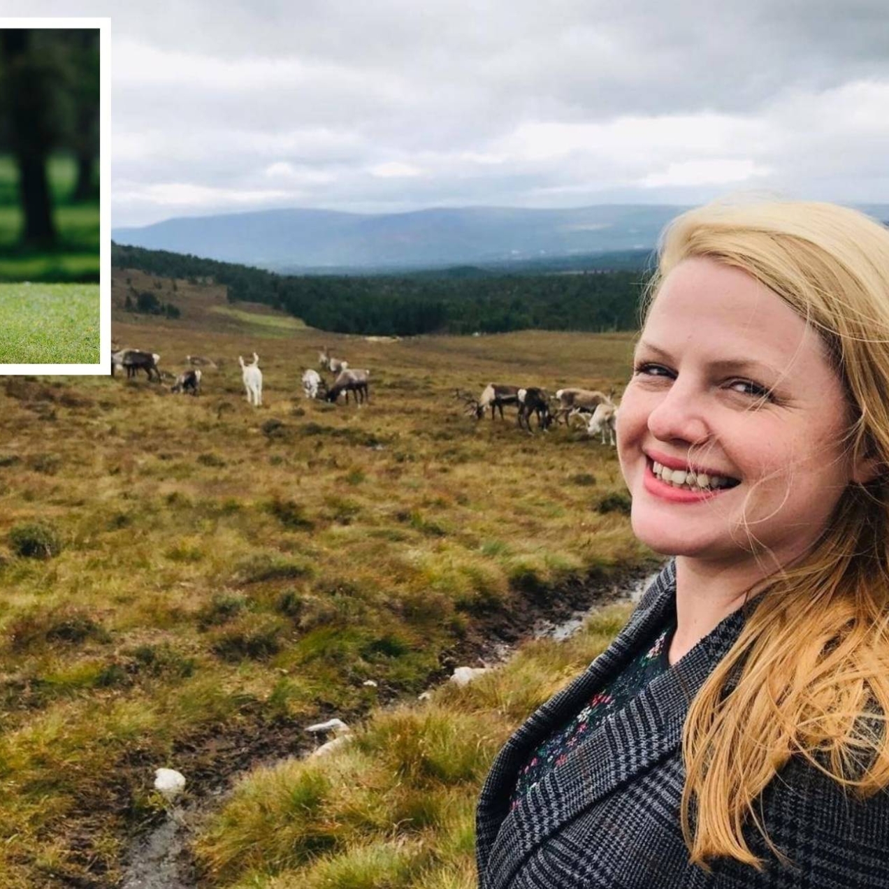A composite image. Main images is of a smiling Erin Hickey, a white woman with blonde hair, takes a selfie in the midst of green mountainous countryside. In the distance to the left is a heard of stags. The inset is of a golden retriever on grass wit
