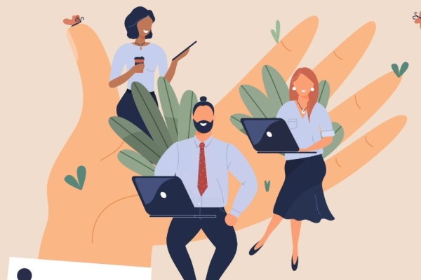 An illustration of three office workers sat on a giant hand with butterflies circling around them