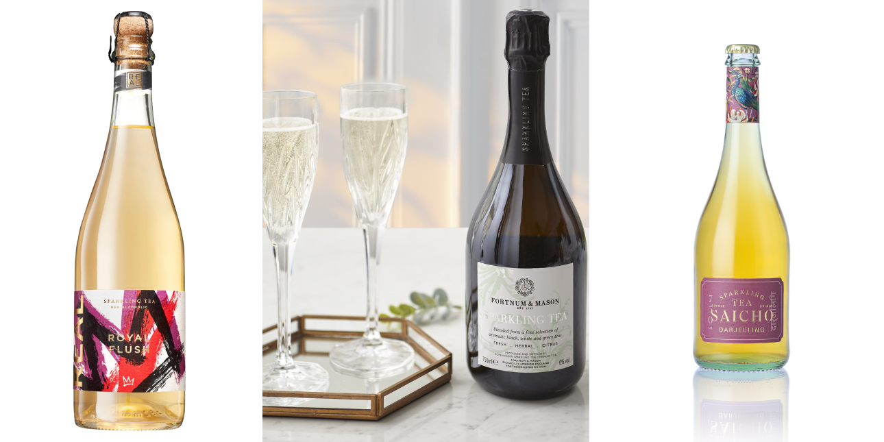A composite image featuring a bottle of Royal Flush Sparkling tea; two champagne glasses and a dark bottle of Fortnum's sparkling tea; and a glass bottle of Saicho Darjeeling sparkling tea
