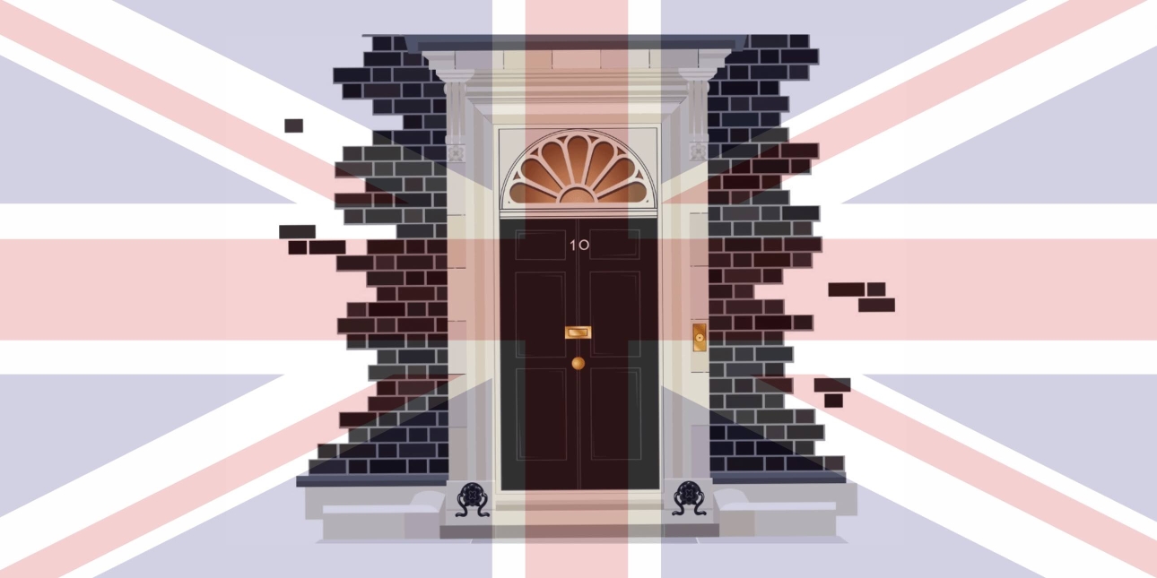 An illustration of the black door at 10 Downing Street London which includes a white surround and fantail windows above plus some dark grey brickwork. It is centred on an opaque background of the Union Jack flag