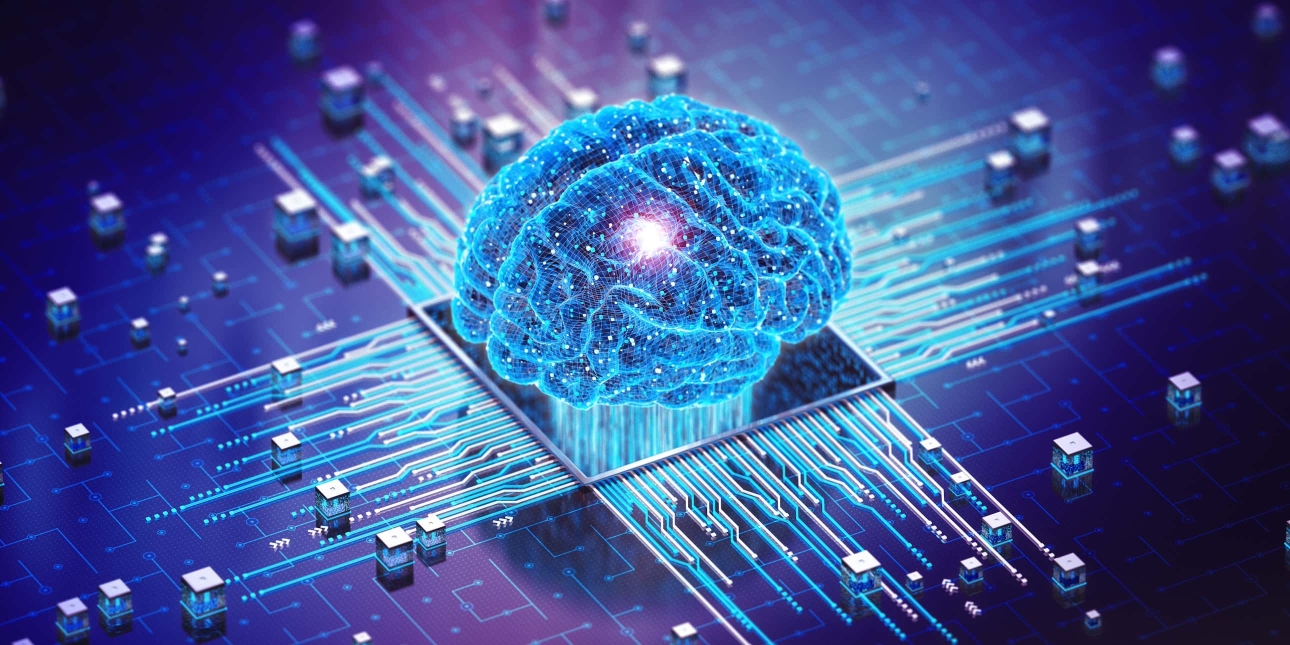A computer generated image of a blue coloured brain placed in the middle of a turquoise and purple circuit board