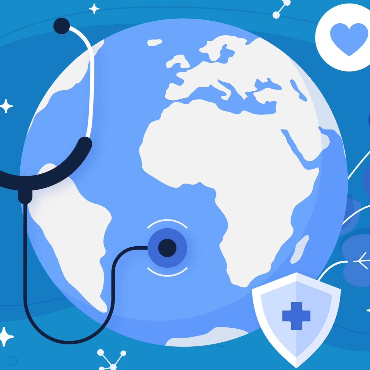 An illustration of the earth surrounded by a stethoscope, pills, a heart and leaves