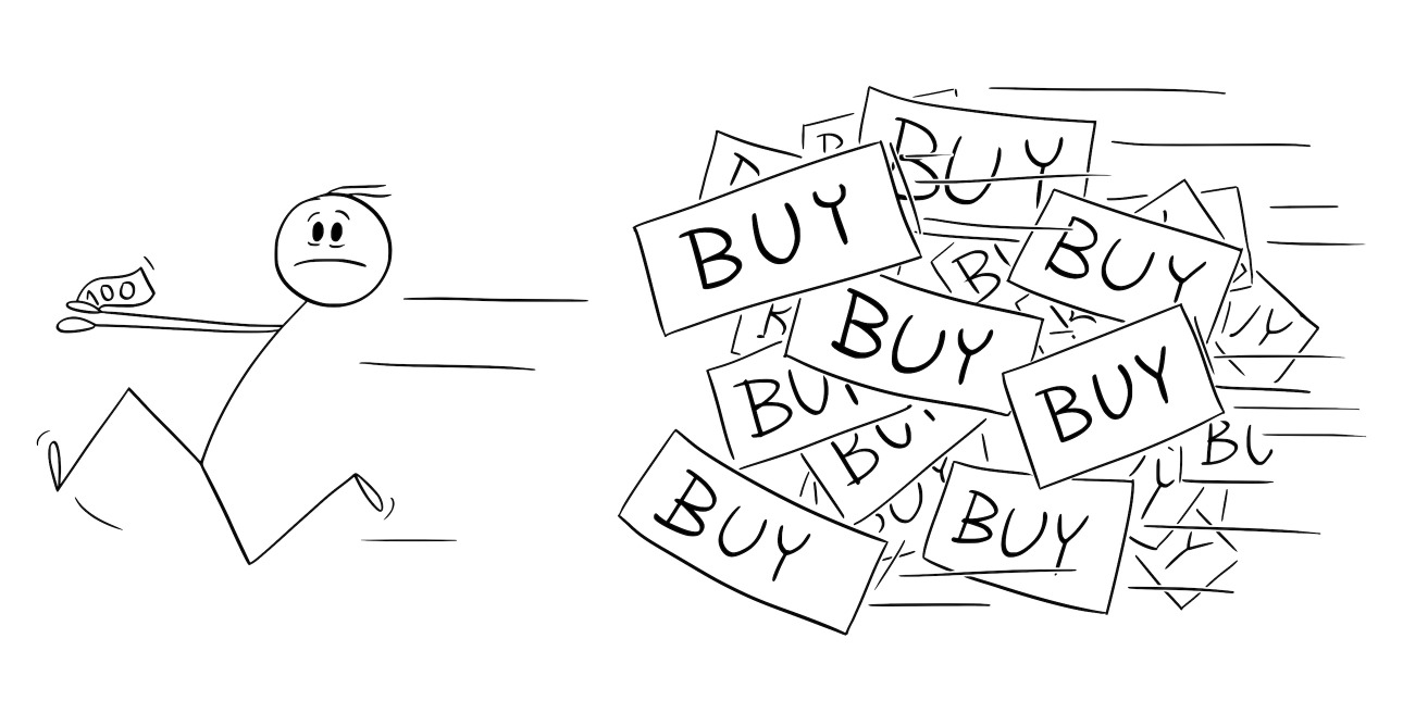 A line illustration of a stick person clutching a 100 monetary note running away from dozens of banners emblazoned with the word buy