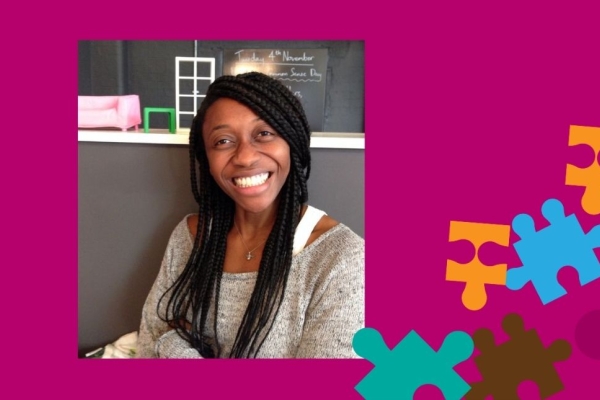 On a magenta background overlaid with multi-coloured jigsaw pieces, a colour photograph of Helen Bazuaye smiling. Helen is a black woman with long braided hair, who wears a grey jumper and is sat in front of a dark grey wall.