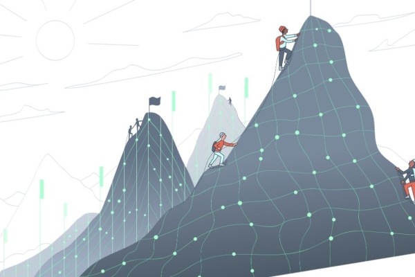 An illustration of a people scaling a grey mountain constructed of computer generated nodes