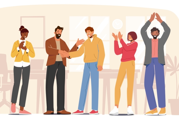 An illustration of five men and women of different ethnicities. Two of the men are shaking hands while the others applaud them