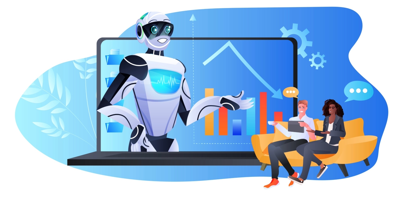 An illustration of a white humanoid robot with wide eyes and smiling face bursting out of a ginormous laptop screen. Sat next the computer are a white man and Black woman with speech bubbles, graphs and cogs surrounding them
