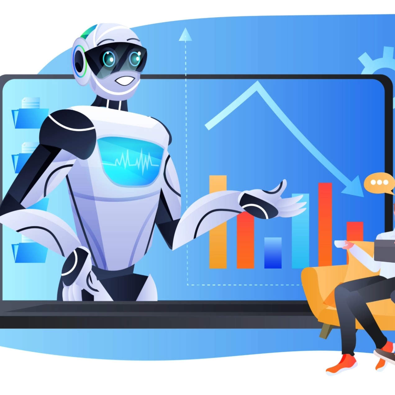 An illustration of a white humanoid robot with wide eyes and smiling face bursting out of a ginormous laptop screen. Sat next the computer are a white man and Black woman with speech bubbles, graphs and cogs surrounding them