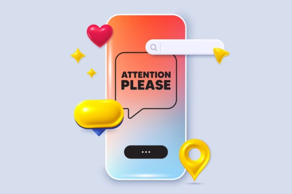 A digital illustration of a mobile phone with the words attention please displayed on the screen. Assorted icons including speech bubbles float alongside.