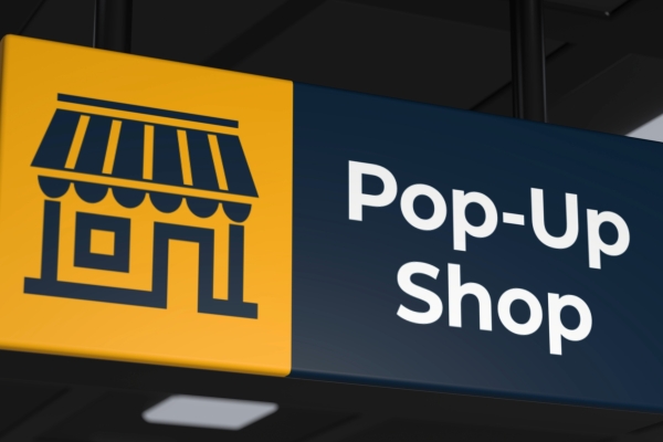 An illustration of a blue shop sign saying 'Pop-Up Shop' next to a yellow childish drawing of a shop