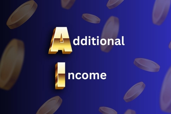 A typographic illustration featuring the word AI written in 3D gold lettering next to the words additional income in white. It is surrounded by graphics of gold coins.