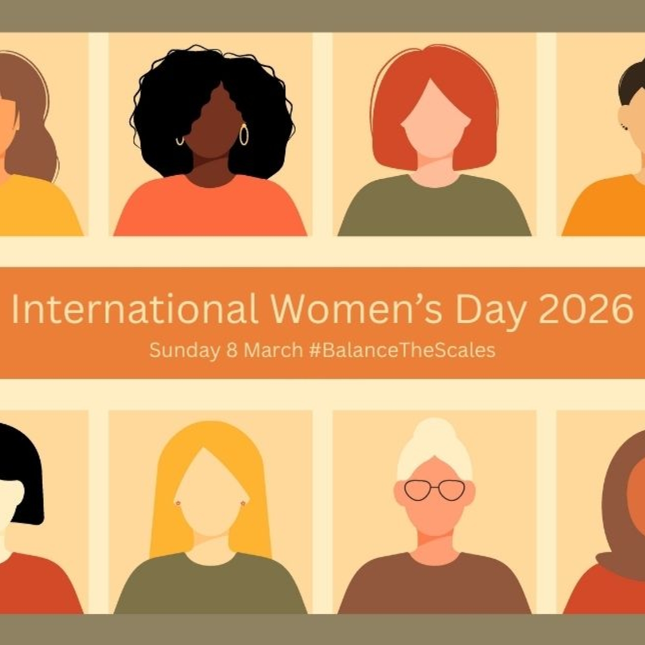 An illustration of two rows of six different women with the words International Women's Day Sunday 8 March hashtag give to gain