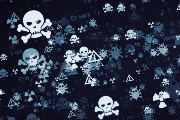 A digital illustrations of skulls and crossbones, bugs and nuclear symbols on a dark background of binary code