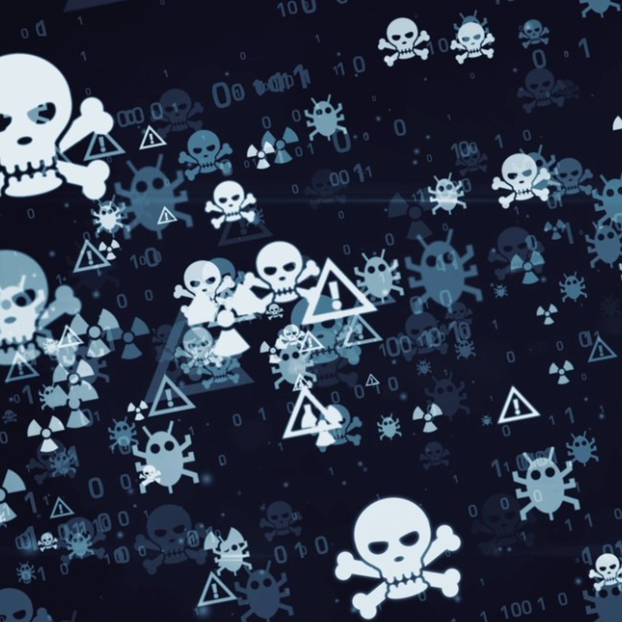 A digital illustrations of skulls and crossbones, bugs and nuclear symbols on a dark background of binary code