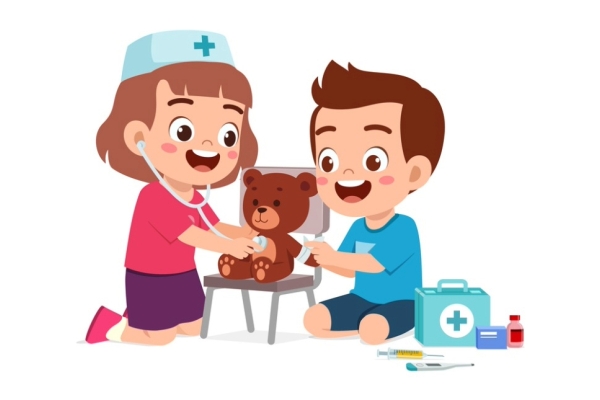 A cartoon illustration of a young girl dressed as a doctor while tending to a young boy's teddy bear. She wears a stethoscope and medic's hat. There are plasters and medical box around.