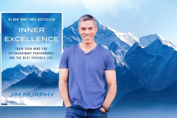 A composite image of Jim Murphy in front of an image of mountains taken from the front cover of his book Inner Excellence, which is framed as an inset.
