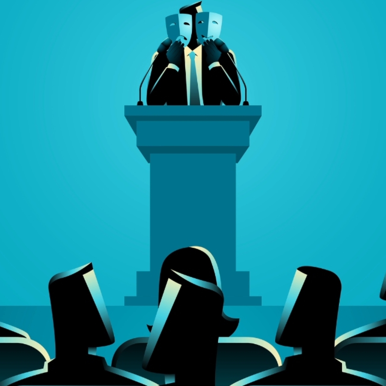 A blue and back illustration of a person on stage behind a podium holding theatrical sad and happy masks in front of their face while an audience looks on from below