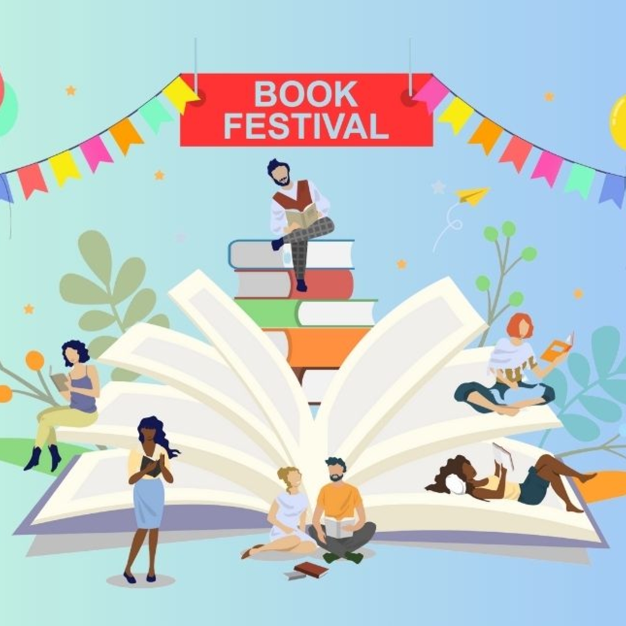 An illustration of people reading books while also sat on giant books