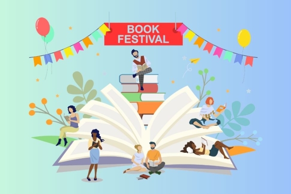 An illustration of people reading books while also sat on giant books