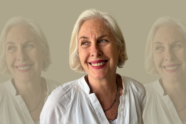 A tryptic colour portrait of Louise Chunn on a fawn background. Louise is a white woman with grey hair, wearing a white linen blouse. She is looking off camera and smiling.