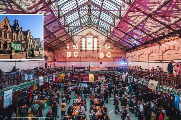 Main image of an event taking place under the vaulted ceiling of Victoria Baths with people stood and sat on the balcony and inside the old pool. Inset image shows the building's exterior.