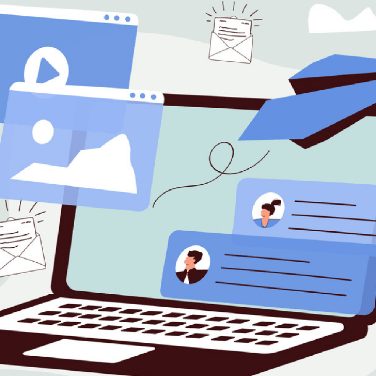 Illustration of a laptop which has a paper plane, envelopes, browsers and figures of people flying out of it