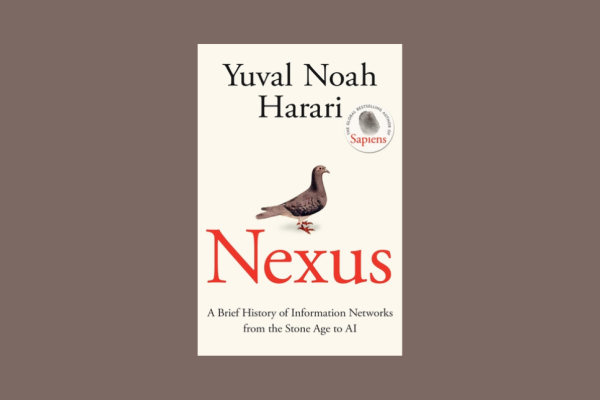 The book cover of Nexus featuring an illustration of a brown pigeon on a plain cream background