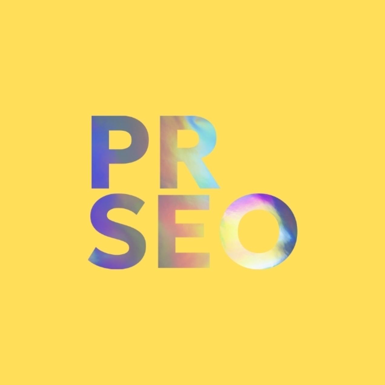 On a yellow background the words PR and SEO in a serif font filled in multicolour across two lines.