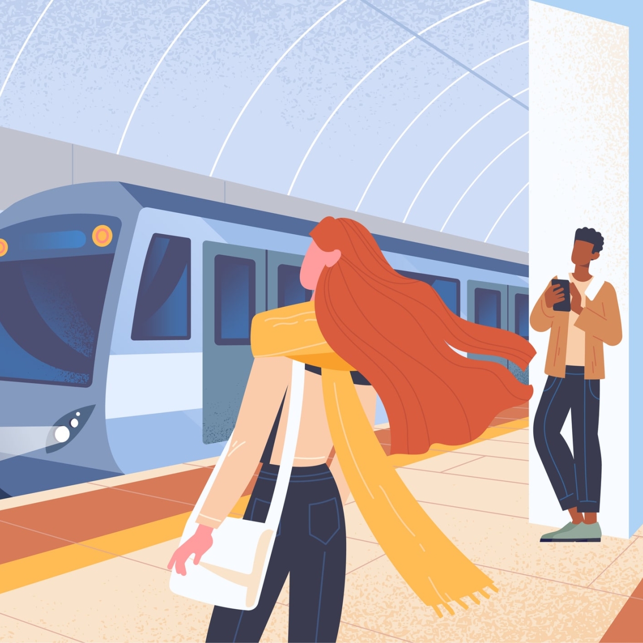 Illustration of a metro station. A blue train pull into the platform as four passengers wait. In the foreground is a woman with long brown hair and long yellow scarf