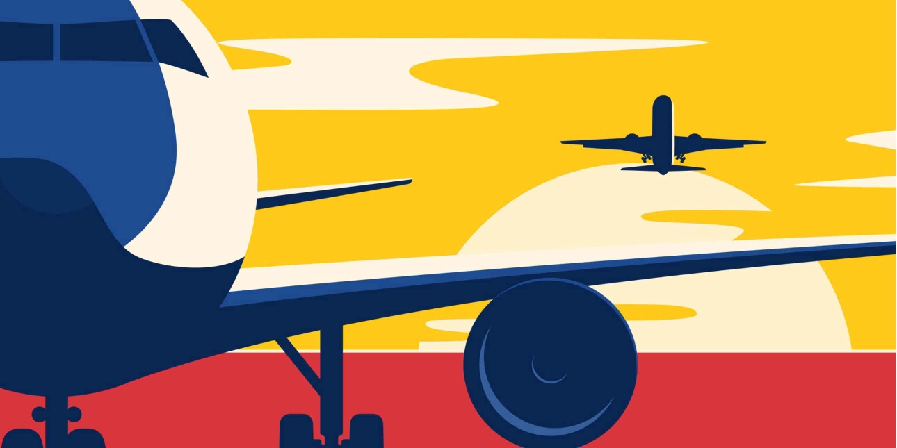 Sunset illustration of the front end profile of an aircraft cockpit and wing. Behind is another jet taking off above a sun setting on the horizon