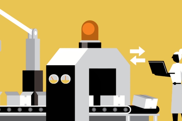 An illustration of a female businesswoman inspecting a production line of boxes which features a large robotic arm.