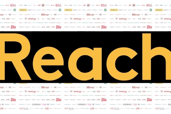 The yellow typographic Reach logo on a black rectangle. In the background are a series of mastheads from Reach's newspapers and digital media.