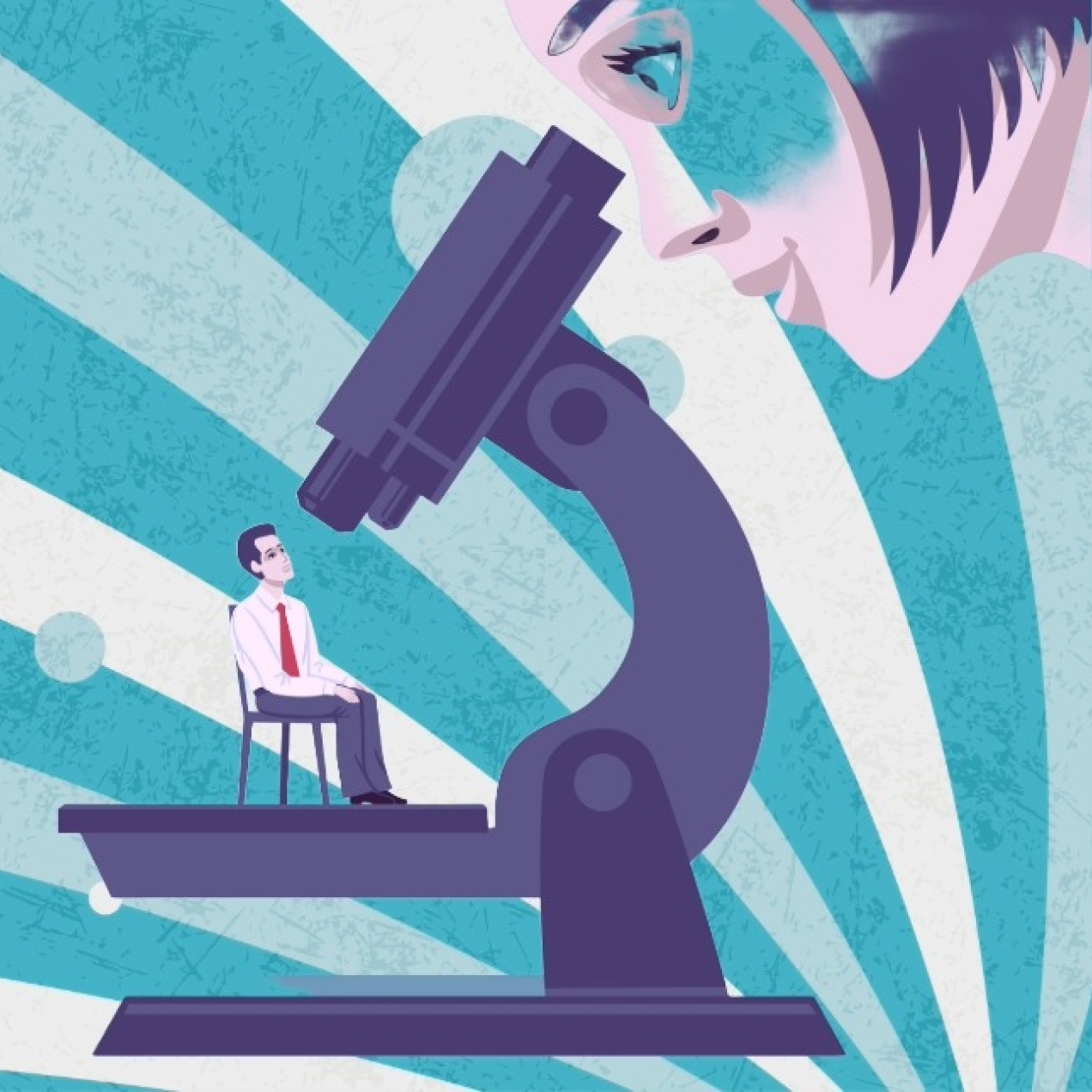 An illustration of a woman's head looking through a microscope at a man sat on a chair under the lens. The background is turquoise and white wavy lines.