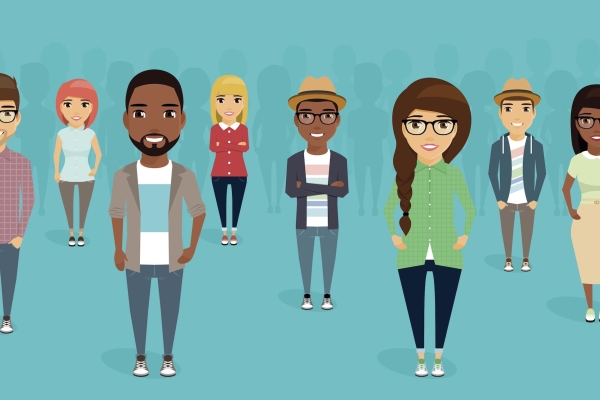 An illustration of 10 smiling cartoon people stood in three rows. They are of genders, ethnicity and ages, with various hairstyles and colours, different skin tones and wearing different clothes.