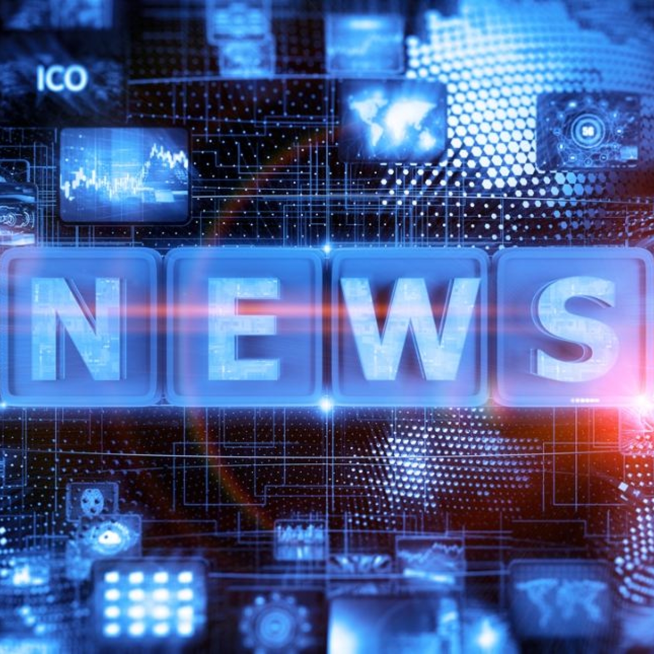 A blue hued digital image featuring the word news in capital letters against a background of screens and text
