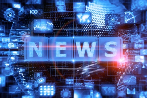 A blue hued digital image featuring the word news in capital letters against a background of screens and text