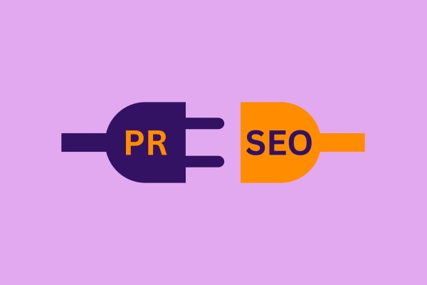 On a lilac background a two-dimensional illustration of a two-pronged purple plug with the words SEO written on it and an orange socket with the word PR written on it.