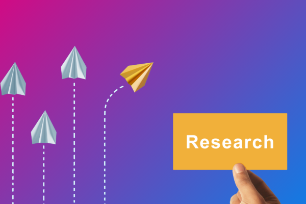 An illustration on a pink-purple background of a bird's eye view of three grey paper planes. To their right, an orange paper plane veers to the right. Next to this is a hand holding an orange banner which reads research.