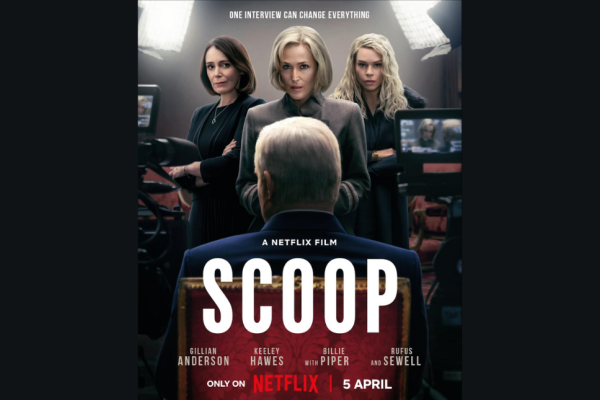 The film poster for Netflix featuring the back of Rufus Sewell in a grey suit. In front of him are Keeley Hawes, Gillian Anderson and Billie Piper. Text read: One interview can change everything, with the actor's names, film title and release date