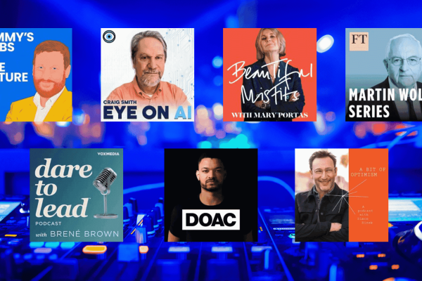 A background of recording studio control deck overlaid with seven square promotional images of the seven podcasters