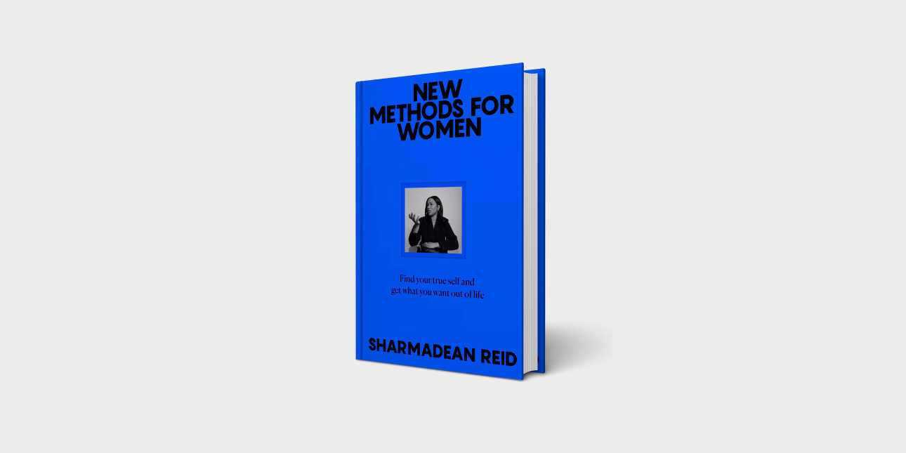 A blue book with the title New Methods For Women and a black and white photograph of Sharmadean Reid in the centre