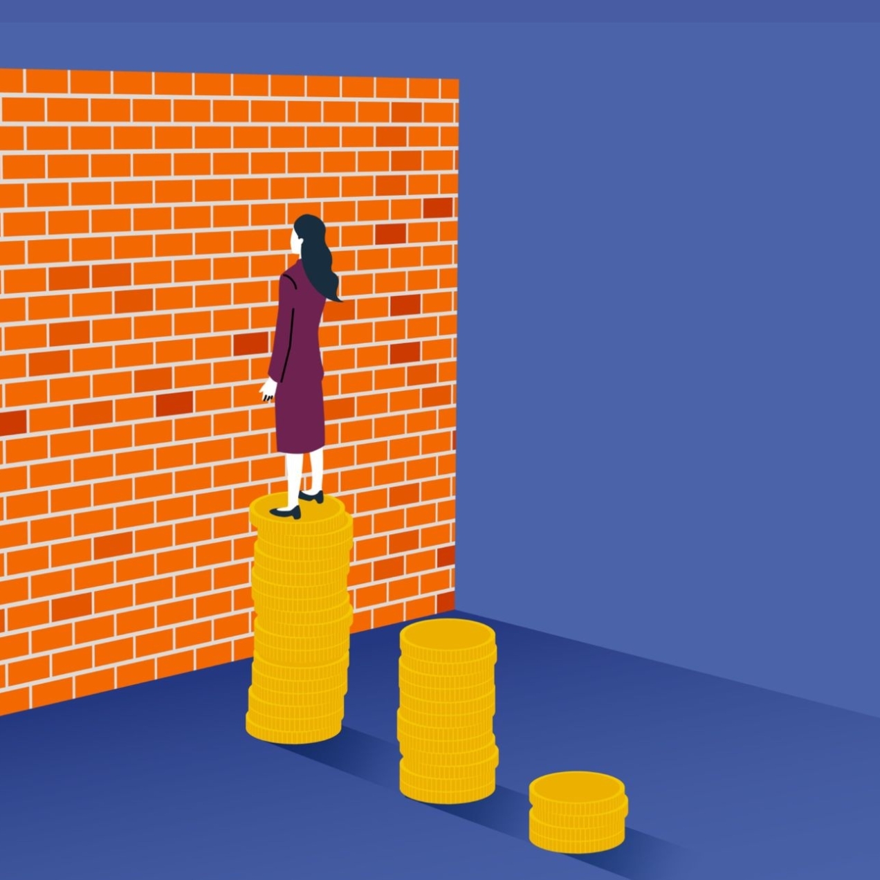 Illustration on a blue background showing a woman with white skin and long dark hair stood on top of three steps constructed from a stack of gold coins. She faces a large red brick wall