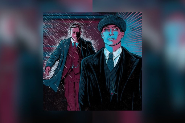 An illustration of actors Finn Cole and Cillian Murphy in 1920s-1930s clothes.