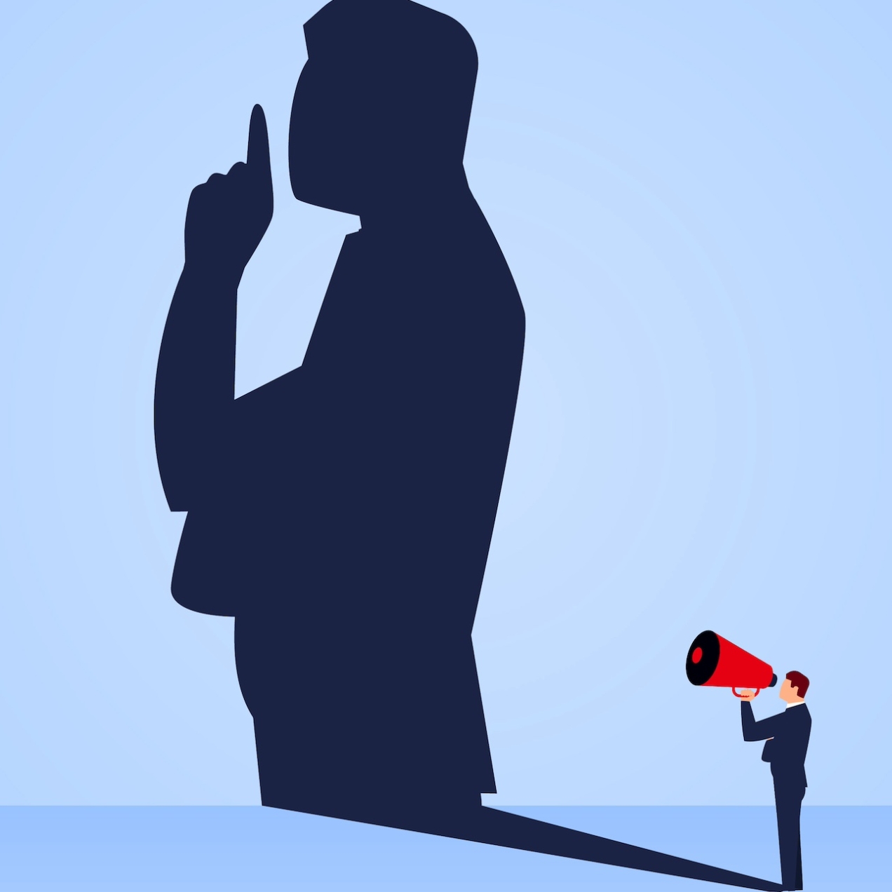 Illustration of a miniature man holding a loud speaker. His shadow is projected on a wall but it shows man holding his fingers to his lips to suggest remaining silent