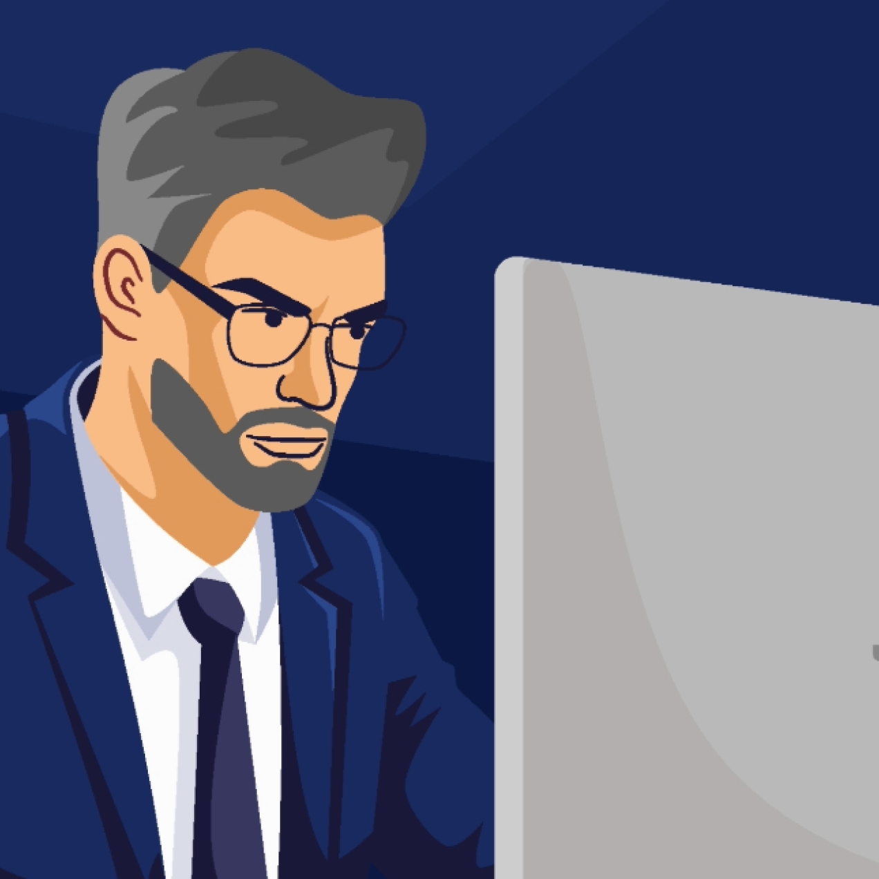 An illustration of a white businessman with grey hair and beard and blue suit, sat in front of a computer. The background is navy.